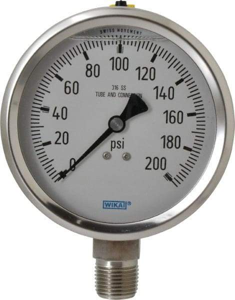 Wika - 4" Dial, 1/2 Thread, 0-200 Scale Range, Pressure Gauge - Lower Connection Mount, Accurate to 1% of Scale - Americas Industrial Supply