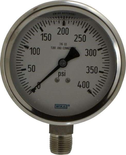 Wika - 4" Dial, 1/2 Thread, 0-400 Scale Range, Pressure Gauge - Lower Connection Mount, Accurate to 1% of Scale - Americas Industrial Supply