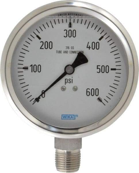 Wika - 4" Dial, 1/2 Thread, 0-600 Scale Range, Pressure Gauge - Lower Connection Mount, Accurate to 1% of Scale - Americas Industrial Supply