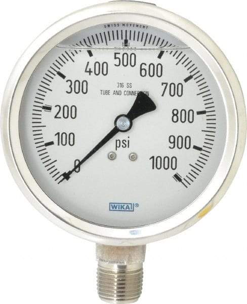 Wika - 4" Dial, 1/2 Thread, 0-1,000 Scale Range, Pressure Gauge - Lower Connection Mount, Accurate to 1% of Scale - Americas Industrial Supply
