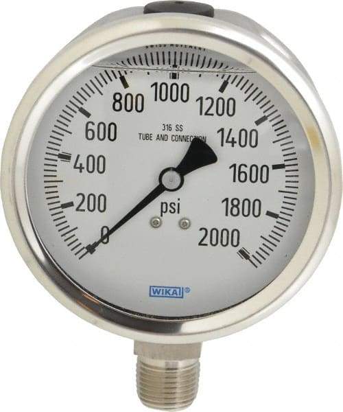 Wika - 4" Dial, 1/2 Thread, 0-2,000 Scale Range, Pressure Gauge - Lower Connection Mount, Accurate to 1% of Scale - Americas Industrial Supply