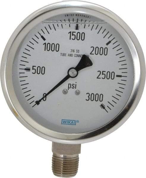Wika - 4" Dial, 1/2 Thread, 0-3,000 Scale Range, Pressure Gauge - Lower Connection Mount, Accurate to 1% of Scale - Americas Industrial Supply