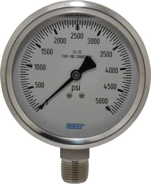 Wika - 4" Dial, 1/2 Thread, 0-5,000 Scale Range, Pressure Gauge - Lower Connection Mount, Accurate to 1% of Scale - Americas Industrial Supply