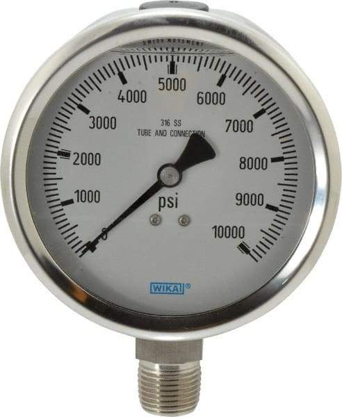 Wika - 4" Dial, 1/2 Thread, 0-10,000 Scale Range, Pressure Gauge - Lower Connection Mount, Accurate to 1% of Scale - Americas Industrial Supply