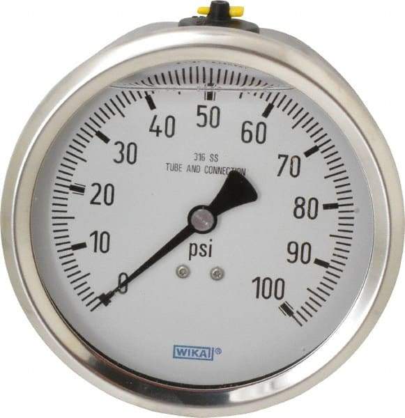 Wika - 4" Dial, 1/2 Thread, 0-100 Scale Range, Pressure Gauge - Lower Back Connection Mount, Accurate to 1% of Scale - Americas Industrial Supply
