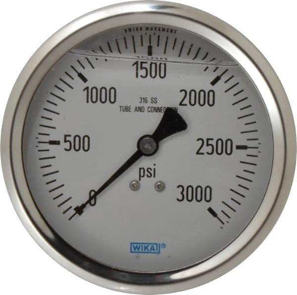 Wika - 4" Dial, 1/2 Thread, 0-3,000 Scale Range, Pressure Gauge - Lower Back Connection Mount, Accurate to 1% of Scale - Americas Industrial Supply