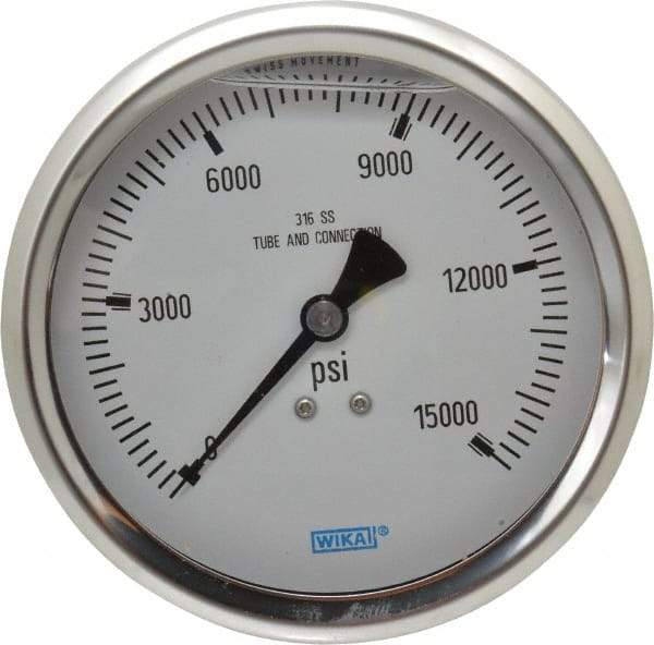 Wika - 4" Dial, 1/2 Thread, 0-15,000 Scale Range, Pressure Gauge - Lower Back Connection Mount, Accurate to 1% of Scale - Americas Industrial Supply