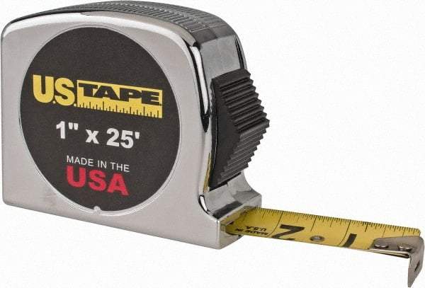 US Tape - 25' x 1" Yellow Blade Tape Measure - 1/32 & 1/16" Graduation, Inch Graduation Style, Silver Case - Americas Industrial Supply