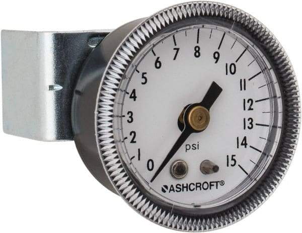 Ashcroft - 1-1/2" Dial, 1/8 Thread, 0-15 Scale Range, Pressure Gauge - Center Back Connection Mount - Americas Industrial Supply
