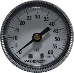 Ashcroft - 2" Dial, 1/4 Thread, 0-60 Scale Range, Pressure Gauge - Center Back Connection Mount - Americas Industrial Supply