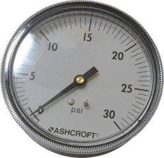 Ashcroft - 3-1/2" Dial, 1/4 Thread, 0-30 Scale Range, Pressure Gauge - Center Back Connection Mount - Americas Industrial Supply