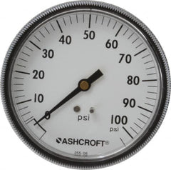 Ashcroft - 3-1/2" Dial, 1/4 Thread, 0-100 Scale Range, Pressure Gauge - Center Back Connection Mount - Americas Industrial Supply
