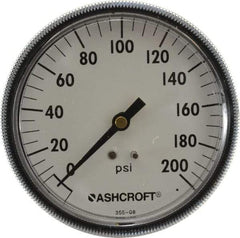 Ashcroft - 3-1/2" Dial, 1/4 Thread, 0-200 Scale Range, Pressure Gauge - Center Back Connection Mount - Americas Industrial Supply