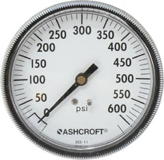 Ashcroft - 3-1/2" Dial, 1/4 Thread, 0-600 Scale Range, Pressure Gauge - Center Back Connection Mount - Americas Industrial Supply