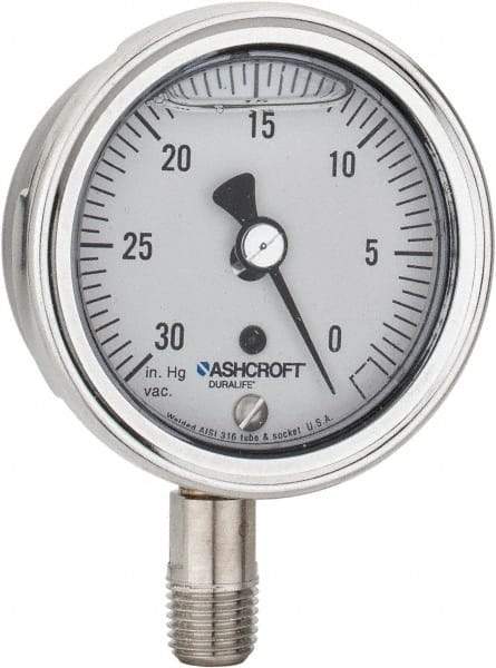 Ashcroft - 2-1/2" Dial, 1/4 Thread, 30-0 Scale Range, Pressure Gauge - Lower Connection Mount, Accurate to 1% of Scale - Americas Industrial Supply
