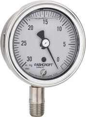 Ashcroft - 2-1/2" Dial, 1/4 Thread, 30-0 Scale Range, Pressure Gauge - Lower Connection Mount, Accurate to 1% of Scale - Americas Industrial Supply