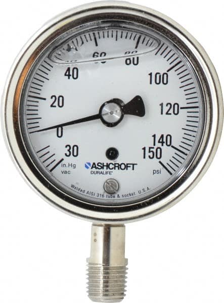 Ashcroft - 2-1/2" Dial, 1/4 Thread, 30-0-150 Scale Range, Pressure Gauge - Lower Connection Mount, Accurate to 1% of Scale - Americas Industrial Supply