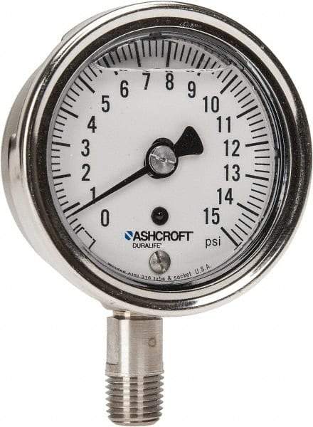 Ashcroft - 2-1/2" Dial, 1/4 Thread, 0-15 Scale Range, Pressure Gauge - Lower Connection Mount, Accurate to 1% of Scale - Americas Industrial Supply