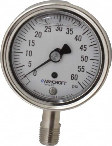 Ashcroft - 2-1/2" Dial, 1/4 Thread, 0-60 Scale Range, Pressure Gauge - Lower Connection Mount, Accurate to 1% of Scale - Americas Industrial Supply