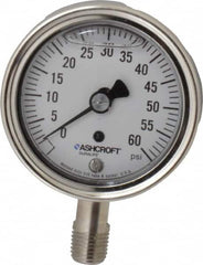 Ashcroft - 2-1/2" Dial, 1/4 Thread, 0-60 Scale Range, Pressure Gauge - Lower Connection Mount, Accurate to 1% of Scale - Americas Industrial Supply