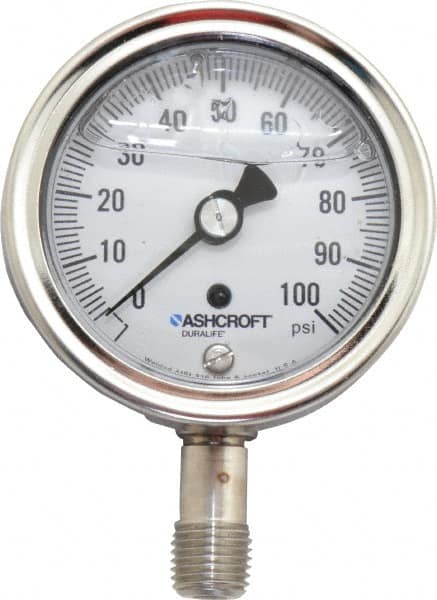 Ashcroft - 2-1/2" Dial, 1/4 Thread, 0-100 Scale Range, Pressure Gauge - Lower Connection Mount, Accurate to 1% of Scale - Americas Industrial Supply