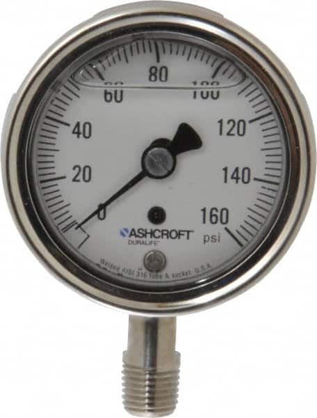 Ashcroft - 2-1/2" Dial, 1/4 Thread, 0-160 Scale Range, Pressure Gauge - Lower Connection Mount, Accurate to 1% of Scale - Americas Industrial Supply
