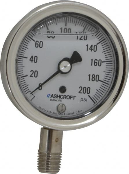 Ashcroft - 2-1/2" Dial, 1/4 Thread, 0-200 Scale Range, Pressure Gauge - Lower Connection Mount, Accurate to 1% of Scale - Americas Industrial Supply