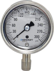 Ashcroft - 2-1/2" Dial, 1/4 Thread, 0-300 Scale Range, Pressure Gauge - Lower Connection Mount, Accurate to 1% of Scale - Americas Industrial Supply