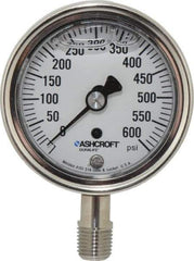 Ashcroft - 2-1/2" Dial, 1/4 Thread, 0-600 Scale Range, Pressure Gauge - Lower Connection Mount, Accurate to 1% of Scale - Americas Industrial Supply