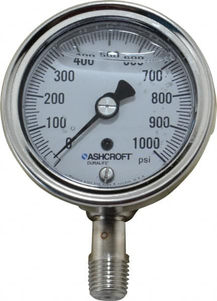Ashcroft - 2-1/2" Dial, 1/4 Thread, 0-1,000 Scale Range, Pressure Gauge - Lower Connection Mount, Accurate to 1% of Scale - Americas Industrial Supply
