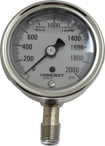 Ashcroft - 2-1/2" Dial, 1/4 Thread, 0-2,000 Scale Range, Pressure Gauge - Lower Connection Mount, Accurate to 1% of Scale - Americas Industrial Supply