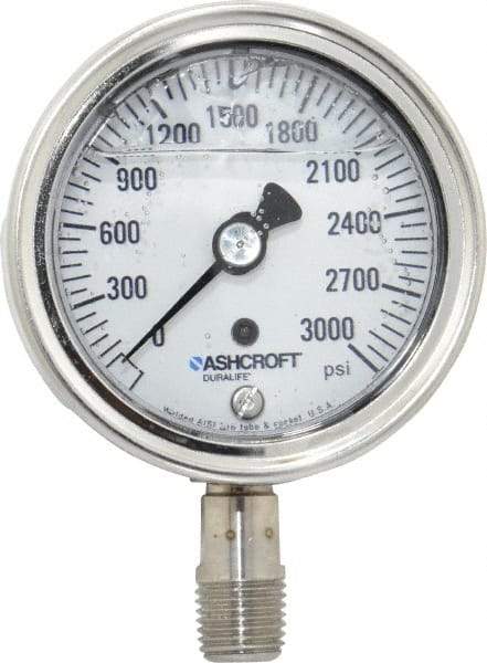 Ashcroft - 2-1/2" Dial, 1/4 Thread, 0-3,000 Scale Range, Pressure Gauge - Lower Connection Mount, Accurate to 1% of Scale - Americas Industrial Supply