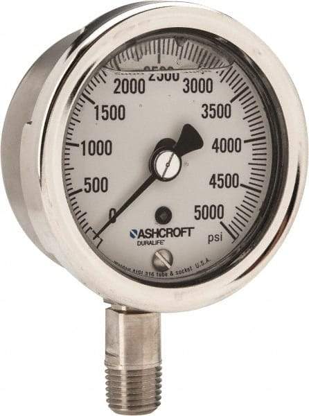 Ashcroft - 2-1/2" Dial, 1/4 Thread, 0-5,000 Scale Range, Pressure Gauge - Lower Connection Mount, Accurate to 1% of Scale - Americas Industrial Supply