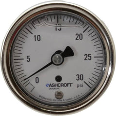 Ashcroft - 2-1/2" Dial, 1/4 Thread, 0-30 Scale Range, Pressure Gauge - Center Back Connection Mount, Accurate to 1% of Scale - Americas Industrial Supply