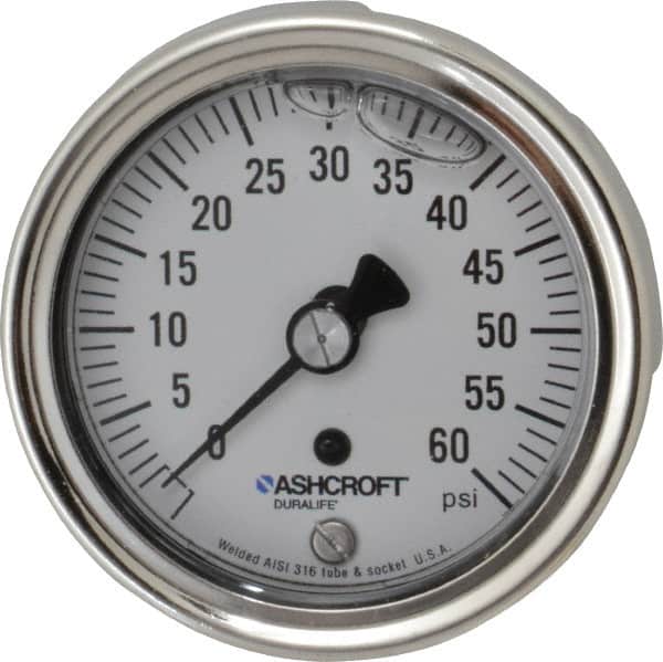 Ashcroft - 2-1/2" Dial, 1/4 Thread, 0-60 Scale Range, Pressure Gauge - Center Back Connection Mount, Accurate to 1% of Scale - Americas Industrial Supply