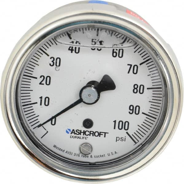 Ashcroft - 2-1/2" Dial, 1/4 Thread, 0-100 Scale Range, Pressure Gauge - Center Back Connection Mount, Accurate to 1% of Scale - Americas Industrial Supply