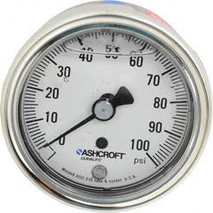 Ashcroft - 2-1/2" Dial, 1/4 Thread, 0-100 Scale Range, Pressure Gauge - Center Back Connection Mount, Accurate to 1% of Scale - Americas Industrial Supply