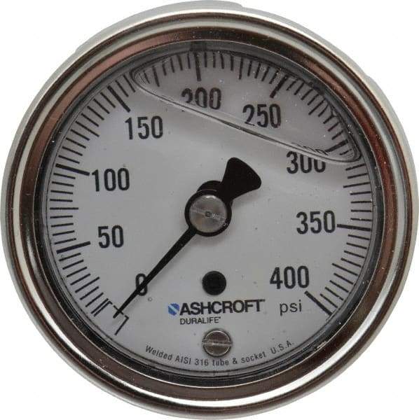 Ashcroft - 2-1/2" Dial, 1/4 Thread, 0-400 Scale Range, Pressure Gauge - Center Back Connection Mount, Accurate to 1% of Scale - Americas Industrial Supply
