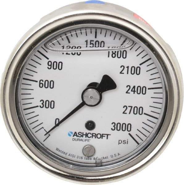 Ashcroft - 2-1/2" Dial, 1/4 Thread, 0-3,000 Scale Range, Pressure Gauge - Center Back Connection Mount, Accurate to 1% of Scale - Americas Industrial Supply
