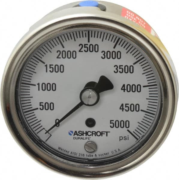 Ashcroft - 2-1/2" Dial, 1/4 Thread, 0-5,000 Scale Range, Pressure Gauge - Center Back Connection Mount, Accurate to 1% of Scale - Americas Industrial Supply