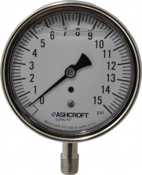 Ashcroft - 3-1/2" Dial, 1/4 Thread, 0-15 Scale Range, Pressure Gauge - Lower Connection Mount, Accurate to 1% of Scale - Americas Industrial Supply