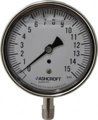 Ashcroft - 3-1/2" Dial, 1/4 Thread, 0-15 Scale Range, Pressure Gauge - Lower Connection Mount, Accurate to 1% of Scale - Americas Industrial Supply