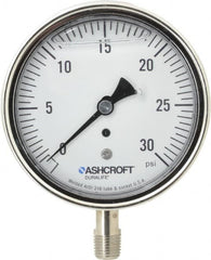 Ashcroft - 3-1/2" Dial, 1/4 Thread, 0-30 Scale Range, Pressure Gauge - Lower Connection Mount, Accurate to 1% of Scale - Americas Industrial Supply