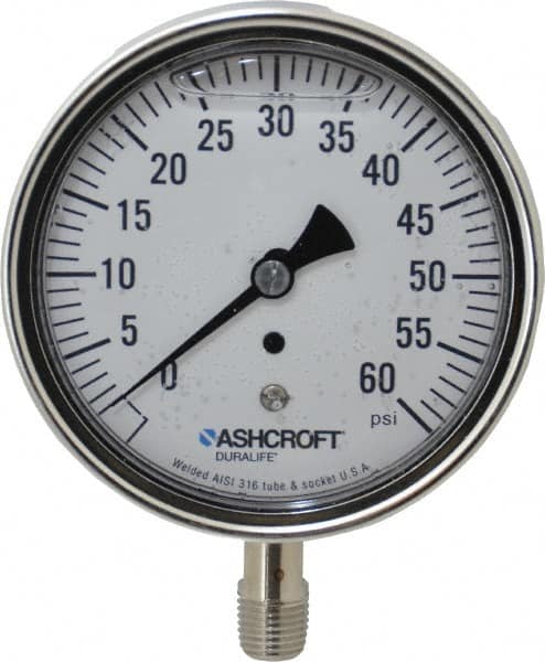 Ashcroft - 3-1/2" Dial, 1/4 Thread, 0-60 Scale Range, Pressure Gauge - Lower Connection Mount, Accurate to 1% of Scale - Americas Industrial Supply