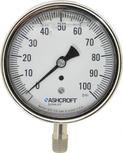 Ashcroft - 3-1/2" Dial, 1/4 Thread, 0-100 Scale Range, Pressure Gauge - Lower Connection Mount, Accurate to 1% of Scale - Americas Industrial Supply