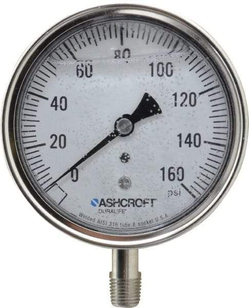 Ashcroft - 3-1/2" Dial, 1/4 Thread, 0-160 Scale Range, Pressure Gauge - Lower Connection Mount, Accurate to 1% of Scale - Americas Industrial Supply