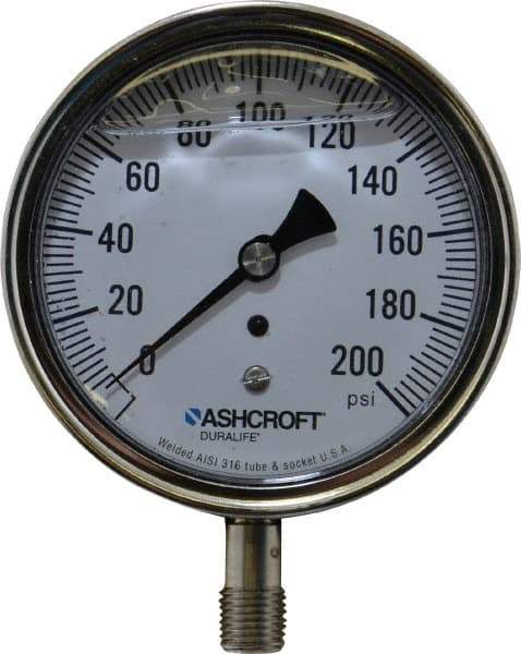 Ashcroft - 3-1/2" Dial, 1/4 Thread, 0-200 Scale Range, Pressure Gauge - Lower Connection Mount, Accurate to 1% of Scale - Americas Industrial Supply