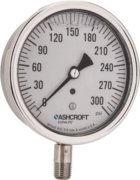 Ashcroft - 3-1/2" Dial, 1/4 Thread, 0-300 Scale Range, Pressure Gauge - Lower Connection Mount, Accurate to 1% of Scale - Americas Industrial Supply