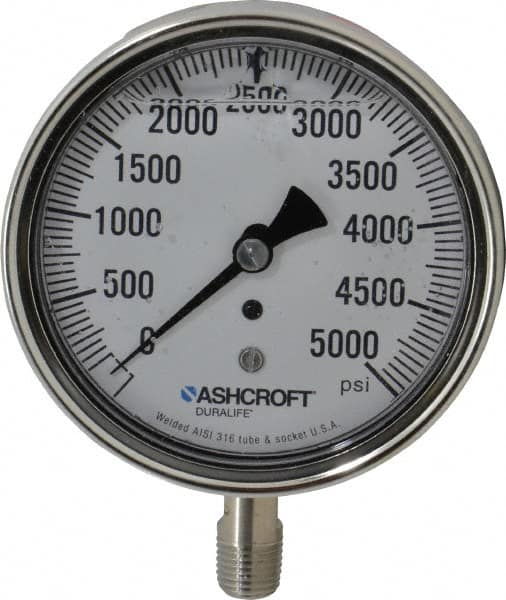 Ashcroft - 3-1/2" Dial, 1/4 Thread, 0-5,000 Scale Range, Pressure Gauge - Lower Connection Mount, Accurate to 1% of Scale - Americas Industrial Supply