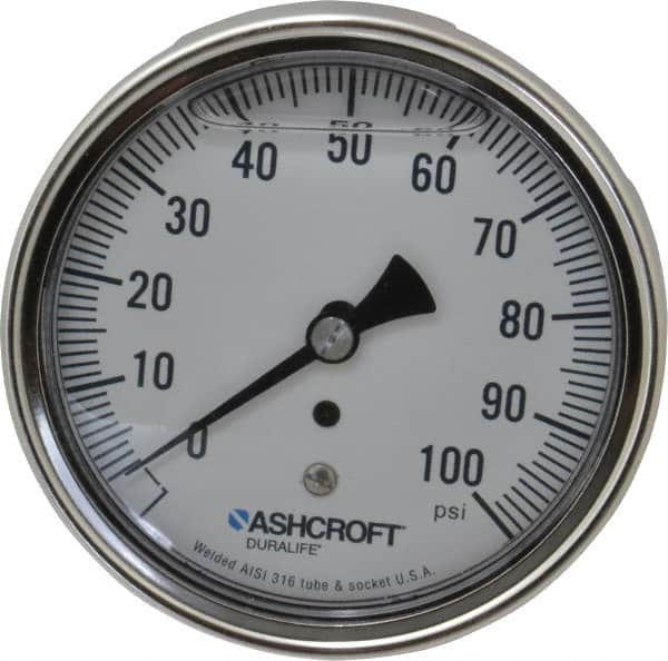 Ashcroft - 3-1/2" Dial, 1/4 Thread, 0-100 Scale Range, Pressure Gauge - Center Back Connection Mount, Accurate to 1% of Scale - Americas Industrial Supply